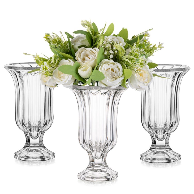 Glasseam Pedestal Glass Vase for Flowers, 7.5in Tall Compote Vase Set of 3, Crystal Clear Vases for Centerpieces, Ribbed Decorative Vases for Home Decor, Cute Footed Urn for Living Room Decorations - Image 1