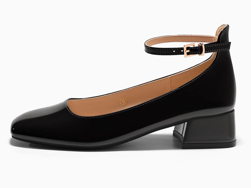 Coutgo Womens Chunky Low Heels Closed Square Toe Ankle Strap Pumps Wedding Prom Dress Shoes, Black, Size 8.5 - Image 4