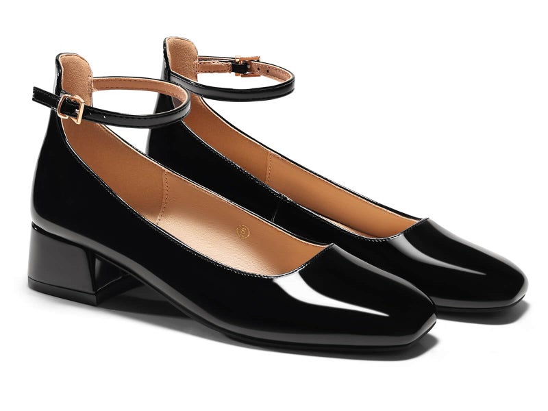 Coutgo Womens Chunky Low Heels Closed Square Toe Ankle Strap Pumps Wedding Prom Dress Shoes, Black, Size 8.5 - Image 1