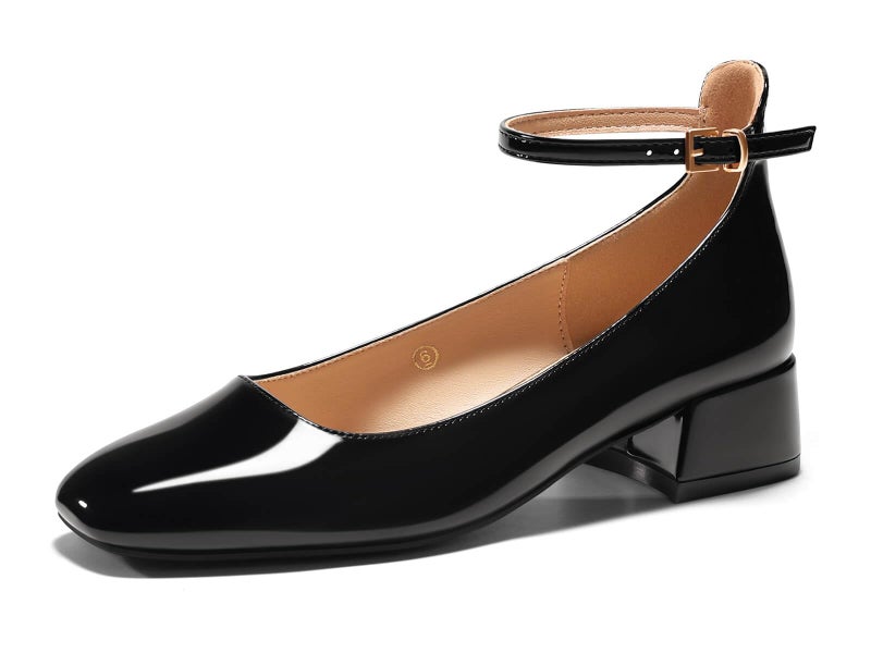 Coutgo Womens Chunky Low Heels Closed Square Toe Ankle Strap Pumps Wedding Prom Dress Shoes, Black, Size 8.5 - Image 5