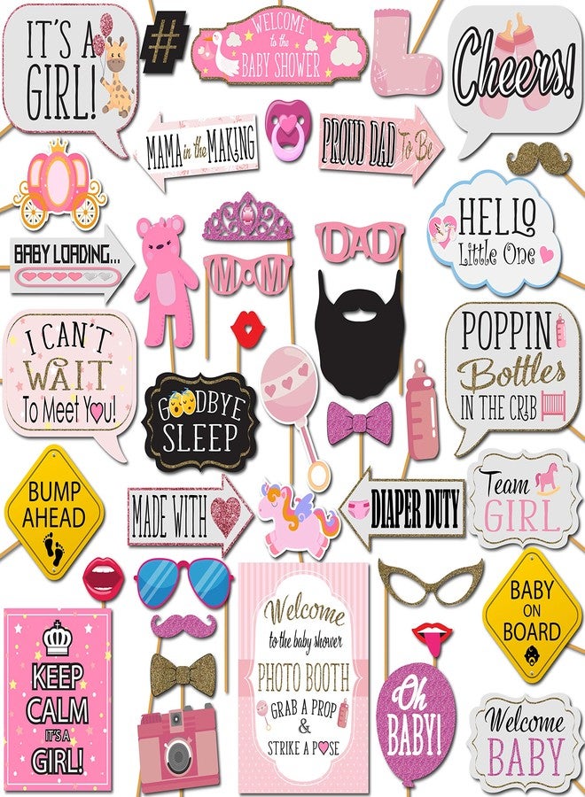 Outside The Booth Girl Baby Shower Photo Booth Props - 41-pc Photobooth Kit with 8 x 10-Inch Sign, 60 Adhesive Pads, 45 Sticks - Baby Photo Booth Props Girl - Photo Props for Baby Shower - Image 1