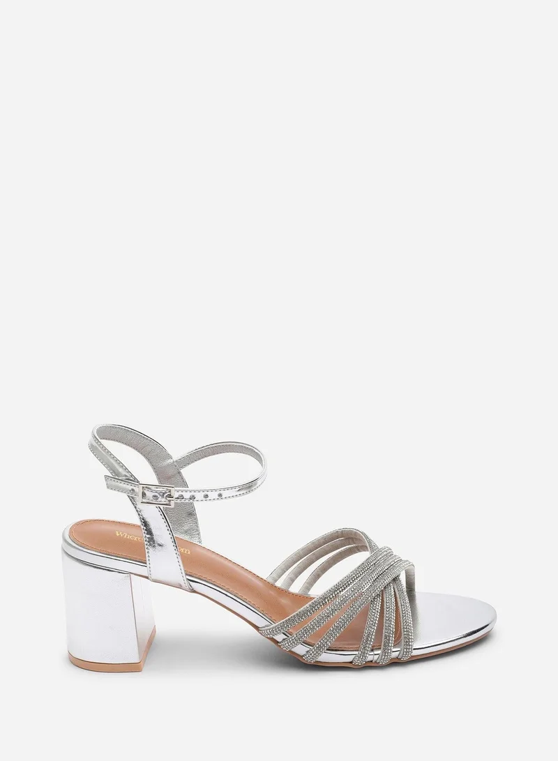 Where's That From Bellini Cross Over Diamante Strap Silver Metallic Block Heel Sandals