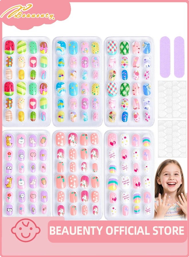 Beauenty 144 PCS Press on Nails Grils, Children Fake Artificial False Nail Tips Pre Glue Full Cover Short Acrylic Nails for Girls Kids Nail Art Decoration (A)  - Image 1