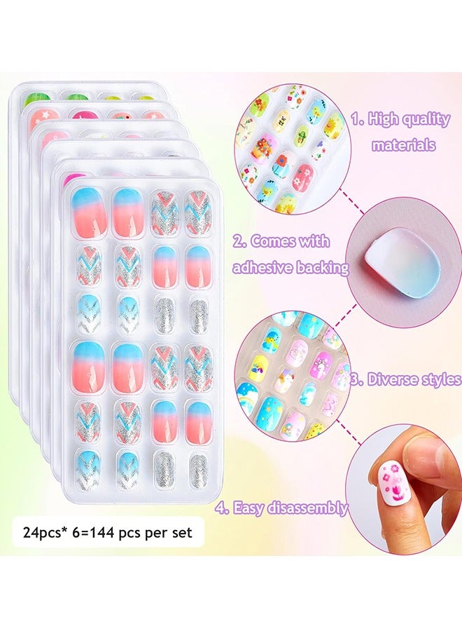 Beauenty 144 PCS Press on Nails Grils, Children Fake Artificial False Nail Tips Pre Glue Full Cover Short Acrylic Nails for Girls Kids Nail Art Decoration (A)  - Image 3