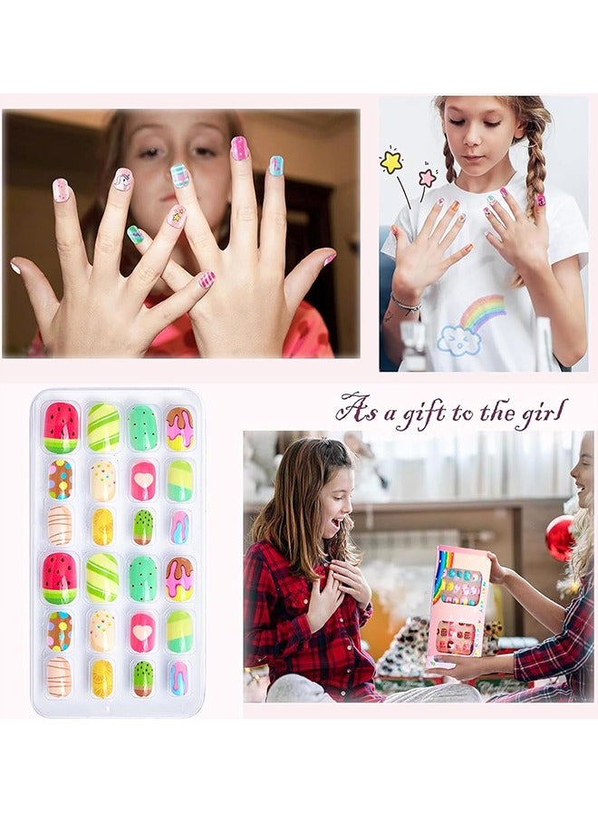 Beauenty 144 PCS Press on Nails Grils, Children Fake Artificial False Nail Tips Pre Glue Full Cover Short Acrylic Nails for Girls Kids Nail Art Decoration (A)  - Image 5