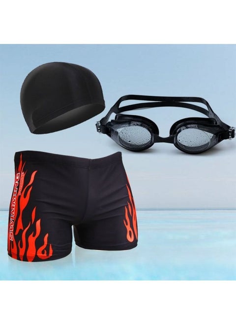 Men's Swimming Trunks And Swimming Cap Set Learning Swimming Equipment Quick-Drying Boxer Hot Spring Large Size Flame Five-Point Swimming Trunks-Color:Classic Red Hot Three-piece Set-l (recommended Weight 30-45kg )