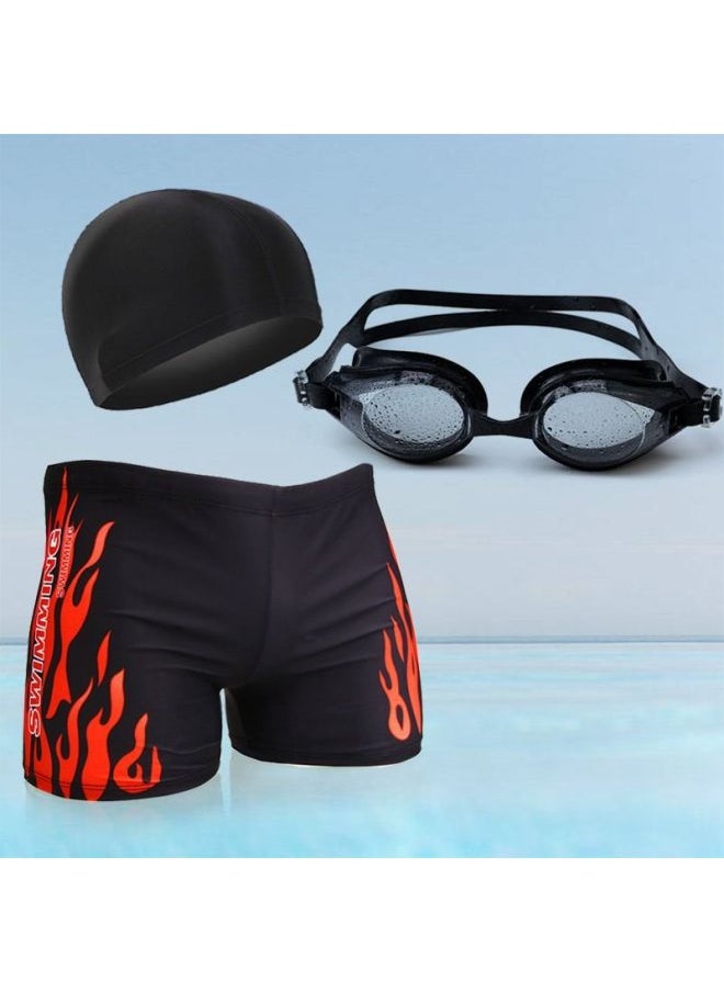 Generic - Men's Swimming Trunks And Swimming Cap Set Learning Swimming Equipment Quick-Drying Boxer Hot Spring Large Size Flame Five-Point Swimming Trunks-Color:Classic Red Hot Three-piece Set-l (recommended Weight 30-45kg ) - Image 1