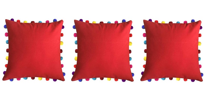Lushomes Cushion Cover 20x20 Boho Cushion Covers Sofa Pillow Cover Cushion Covers with Tassels Cushion Cover with pom pom 20x20 Inches Set of 3Red - Image 1