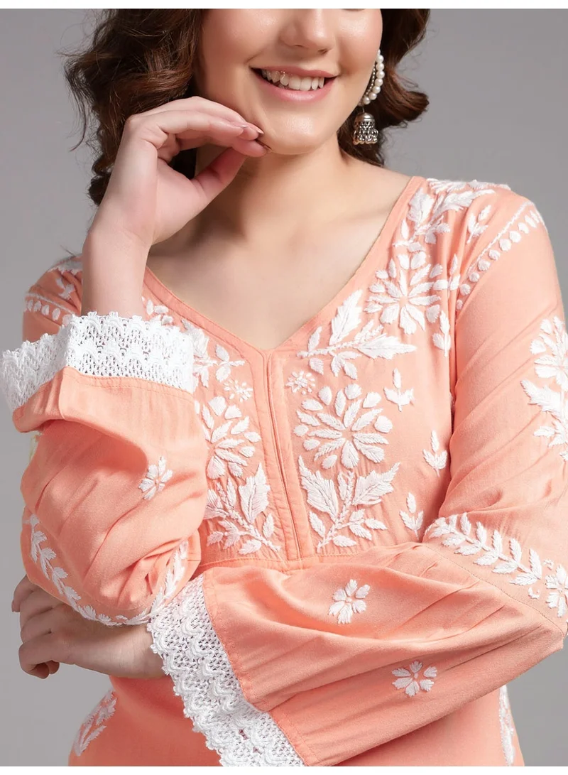 Alaya Peach Women Hand Embroidered Lucknowi Chikankari Rayon Kurta Set-AL4077KS for Women | Best Price UAE