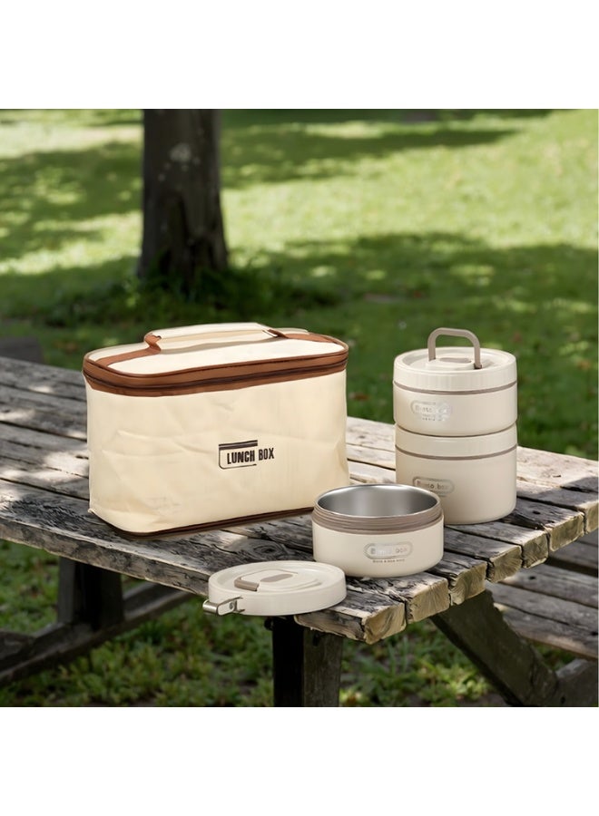 حقيبة غداء/تخزين/تدفئة محمولة بدون صندوق طعام - تصميم PU أبيض وبيج، سعة كبيرة مناسبة للمدرسة والمكتب والنزهات والسفر - تحافظ على الطعام طازجًا ولذيذًا، العودة إلى المدرسة - Image 2