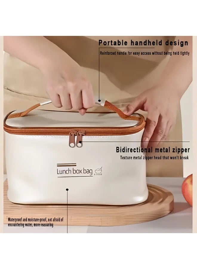حقيبة غداء/تخزين/تدفئة محمولة بدون صندوق طعام - تصميم PU أبيض وبيج، سعة كبيرة مناسبة للمدرسة والمكتب والنزهات والسفر - تحافظ على الطعام طازجًا ولذيذًا، العودة إلى المدرسة - Image 4