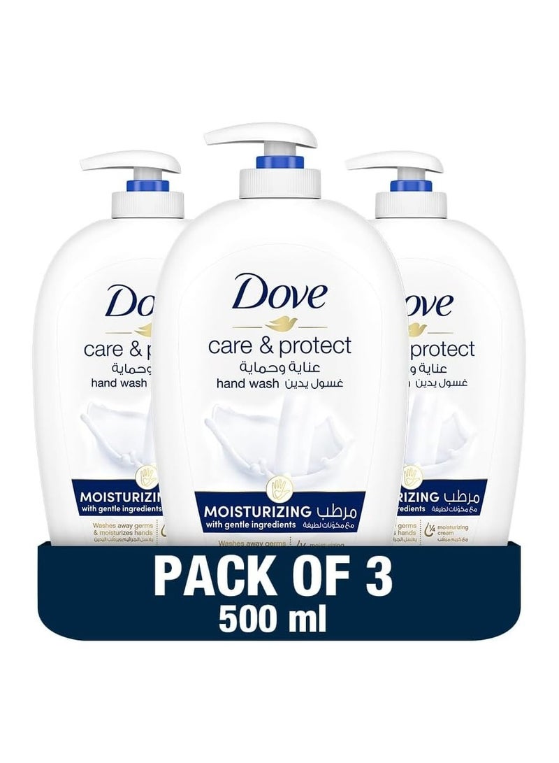 DOVE Care & Protect Moisturising Hand Wash, 100% sensitive skin friendly, Original, with ¼ moisturising cream, 500ml x 3