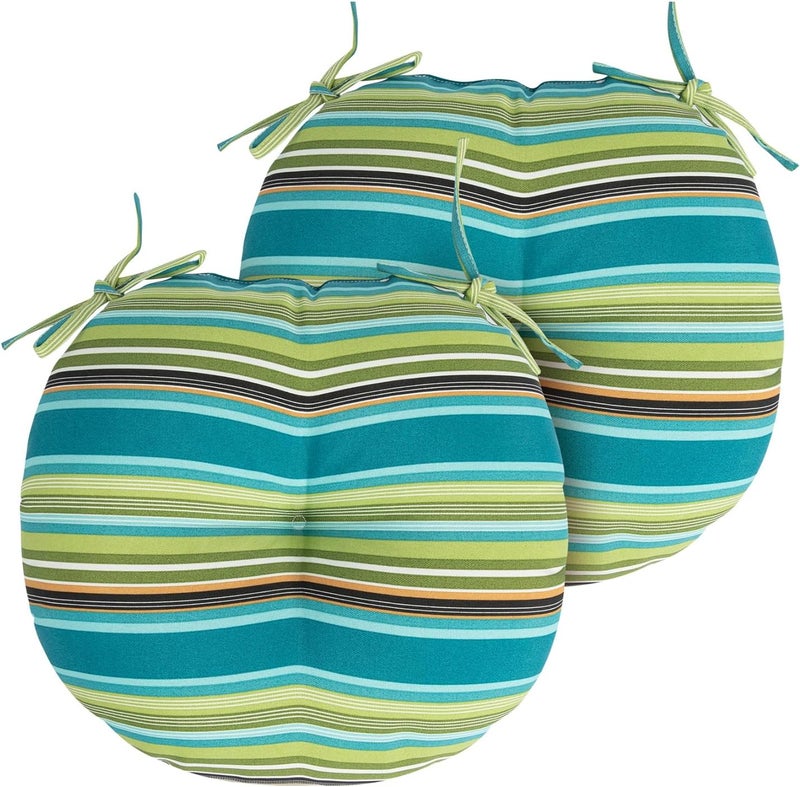 FUNHOME Bistro Chair Cushions 15 inch,Set of 2,Tufted Round Chair Cushions with Ties,15"x15"x4",Water Resistant Round Seat Cushion for Barstool Chairs,Patio Garden Kitchen Outdoor Furniture(Green Stripe) - Image 2