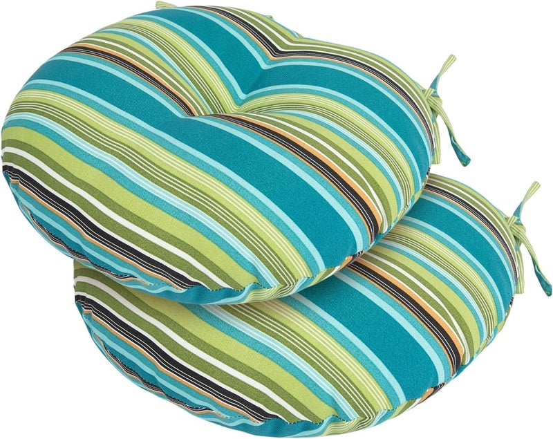 FUNHOME Bistro Chair Cushions 15 inch,Set of 2,Tufted Round Chair Cushions with Ties,15"x15"x4",Water Resistant Round Seat Cushion for Barstool Chairs,Patio Garden Kitchen Outdoor Furniture(Green Stripe) - Image 1
