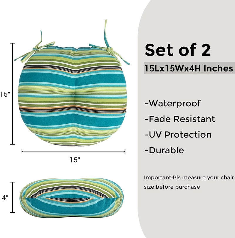 FUNHOME Bistro Chair Cushions 15 inch,Set of 2,Tufted Round Chair Cushions with Ties,15"x15"x4",Water Resistant Round Seat Cushion for Barstool Chairs,Patio Garden Kitchen Outdoor Furniture(Green Stripe) - Image 3