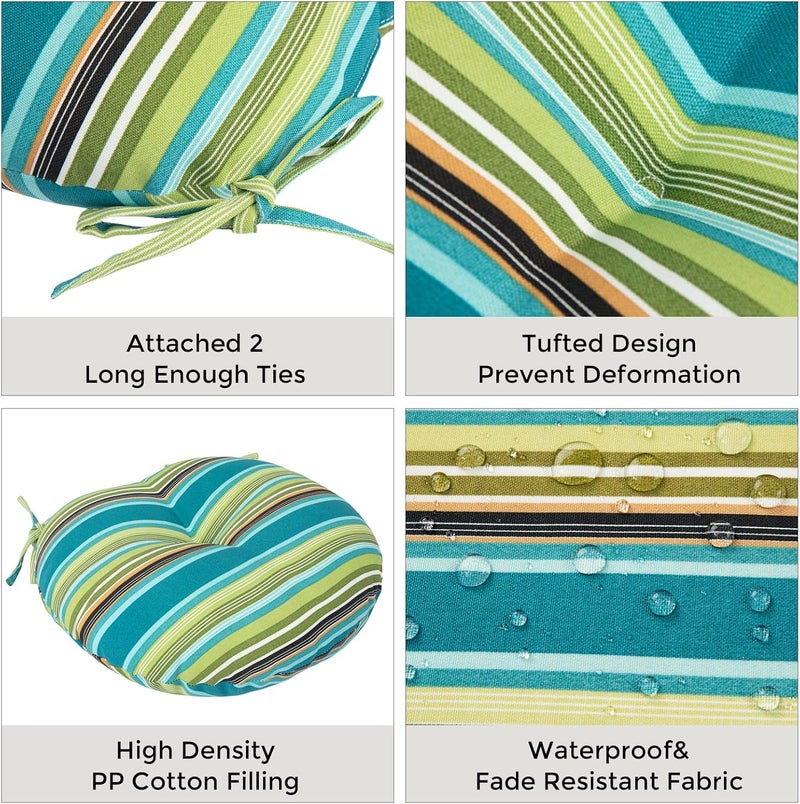 FUNHOME Bistro Chair Cushions 15 inch,Set of 2,Tufted Round Chair Cushions with Ties,15"x15"x4",Water Resistant Round Seat Cushion for Barstool Chairs,Patio Garden Kitchen Outdoor Furniture(Green Stripe) - Image 4