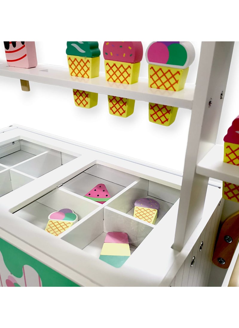 Wooden Ice Cream Cart for Kids, a unique and fun toy for kids, simulates the real ice cream selling experience and helps enhance imagination and creativity through imaginative play