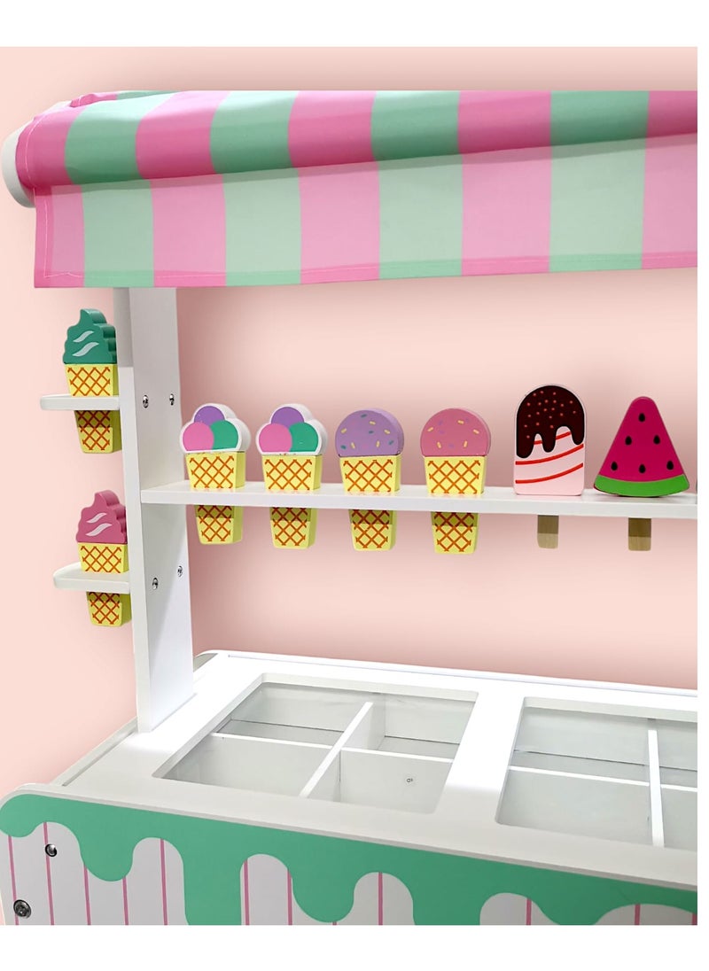 Wooden Ice Cream Cart for Kids, a unique and fun toy for kids, simulates the real ice cream selling experience and helps enhance imagination and creativity through imaginative play