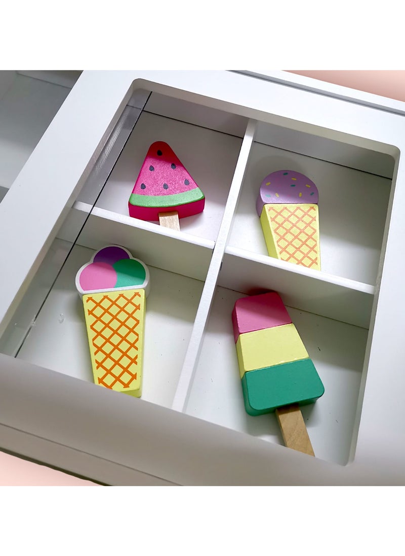 Wooden Ice Cream Cart for Kids, a unique and fun toy for kids, simulates the real ice cream selling experience and helps enhance imagination and creativity through imaginative play