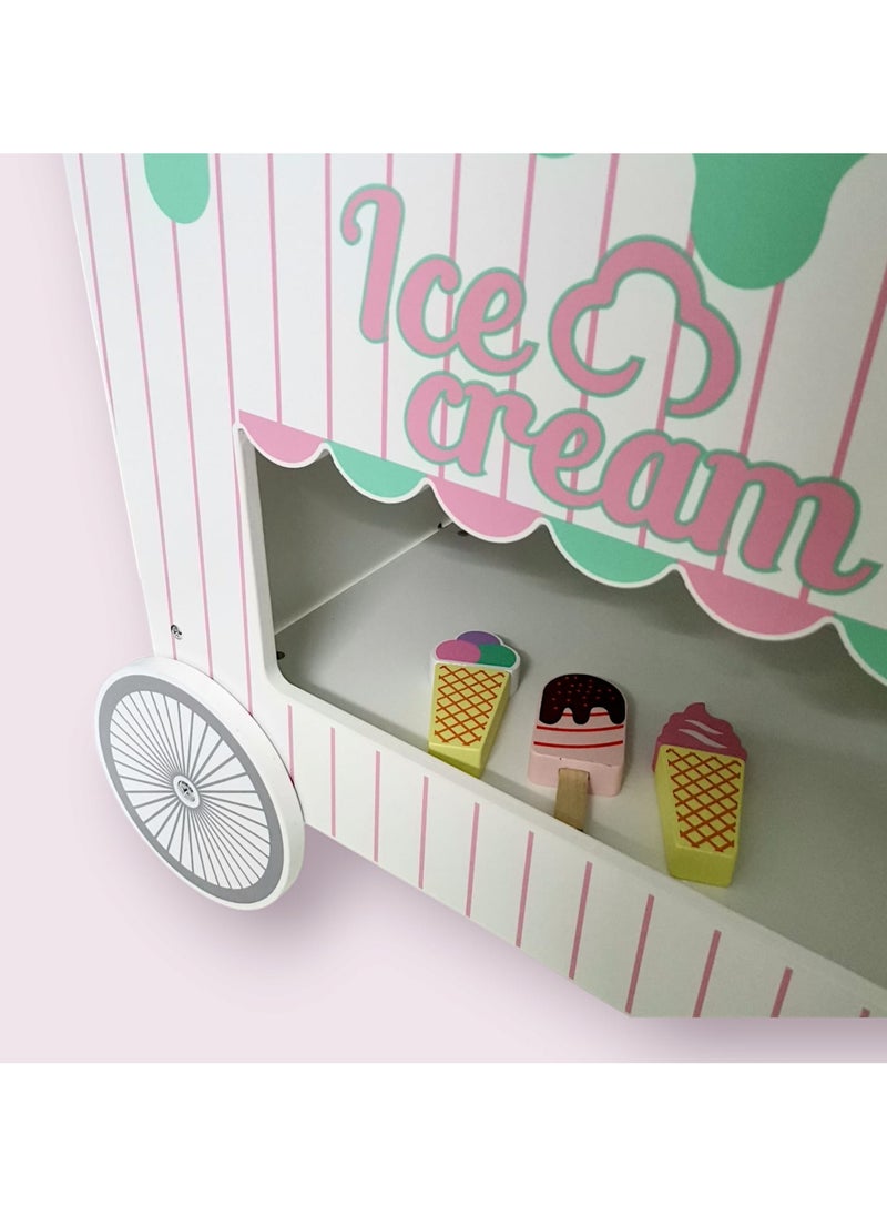 Wooden Ice Cream Cart for Kids, a unique and fun toy for kids, simulates the real ice cream selling experience and helps enhance imagination and creativity through imaginative play