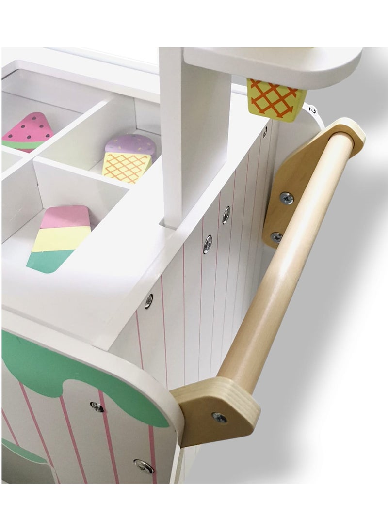 Wooden Ice Cream Cart for Kids, a unique and fun toy for kids, simulates the real ice cream selling experience and helps enhance imagination and creativity through imaginative play