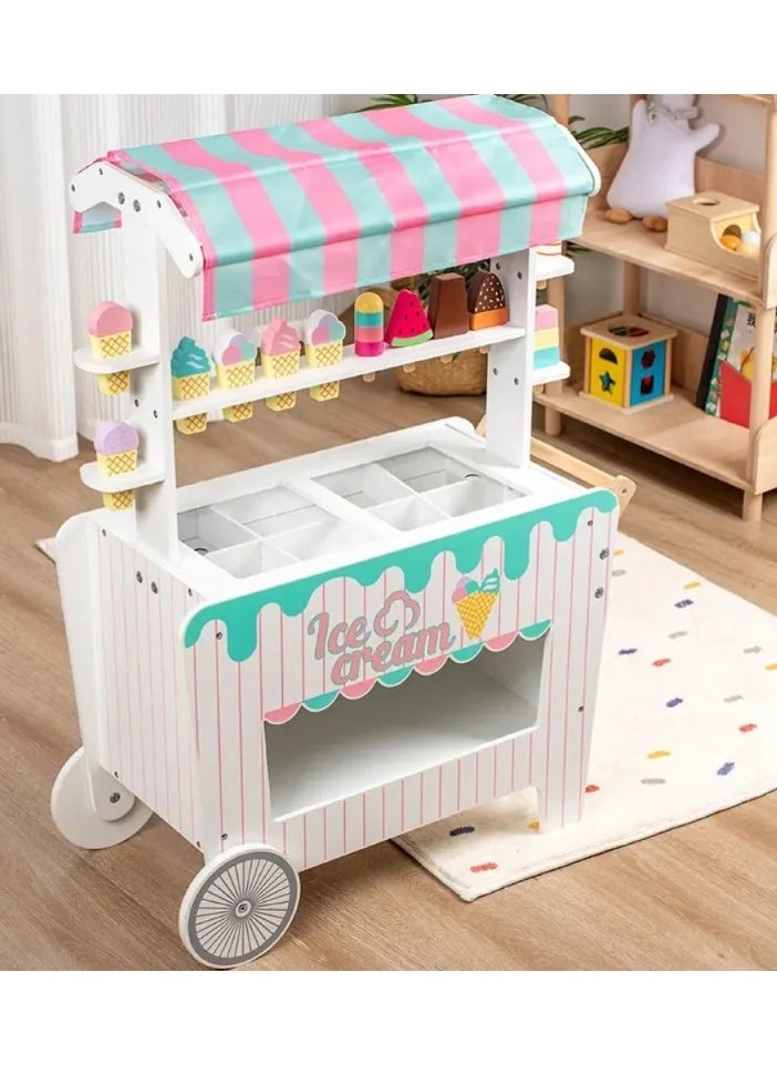 Wooden Ice Cream Cart for Kids, a unique and fun toy for kids, simulates the real ice cream selling experience and helps enhance imagination and creativity through imaginative play