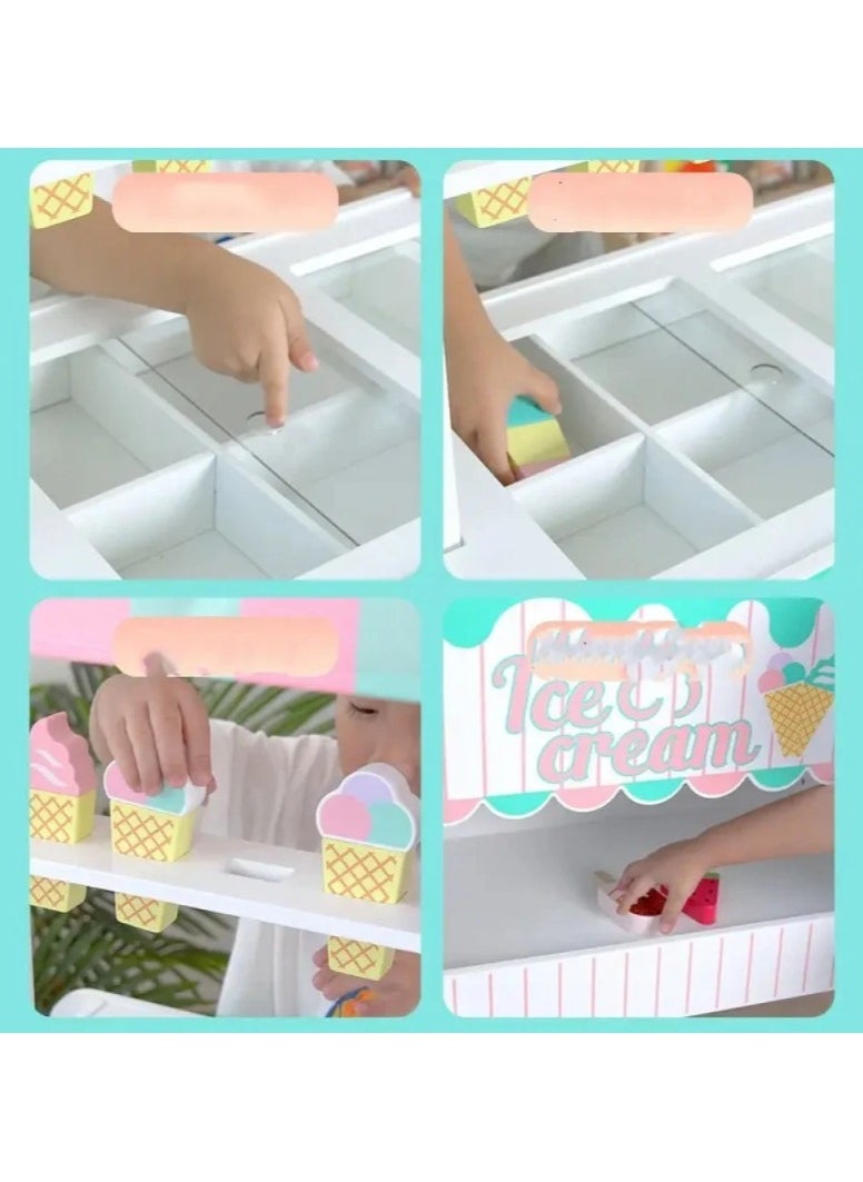 Wooden Ice Cream Cart for Kids, a unique and fun toy for kids, simulates the real ice cream selling experience and helps enhance imagination and creativity through imaginative play