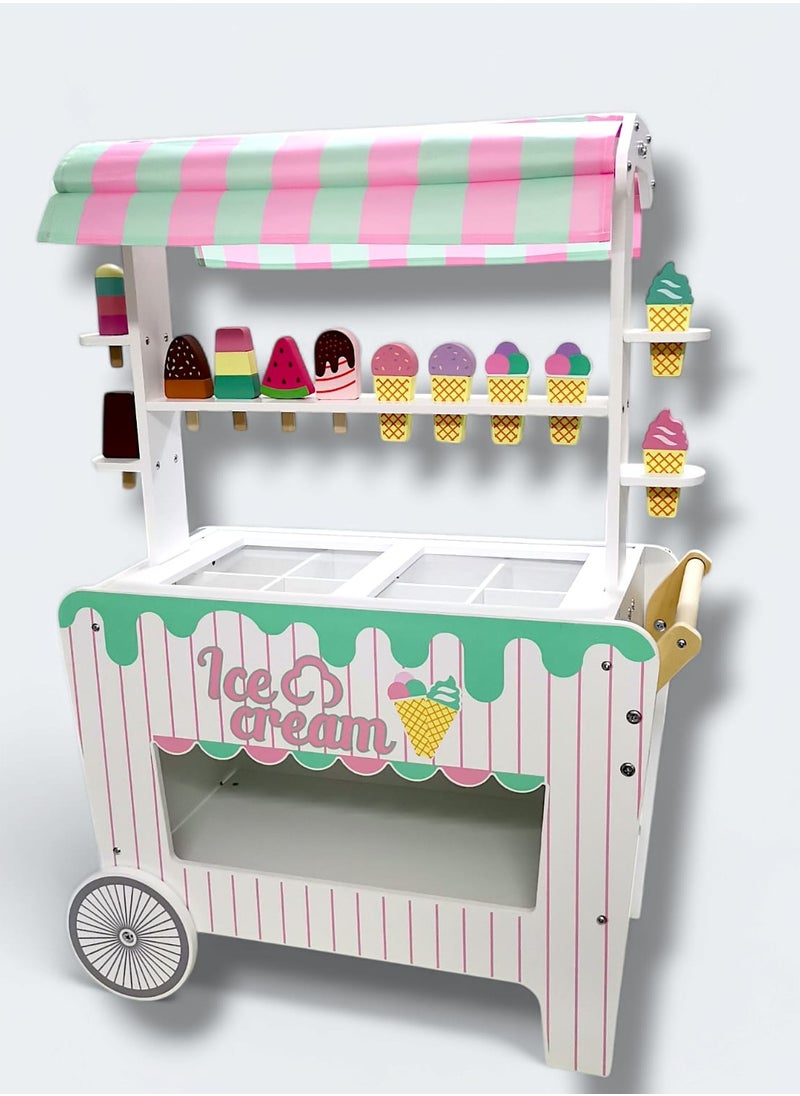 Wooden Ice Cream Cart for Kids, a unique and fun toy for kids, simulates the real ice cream selling experience and helps enhance imagination and creativity through imaginative play