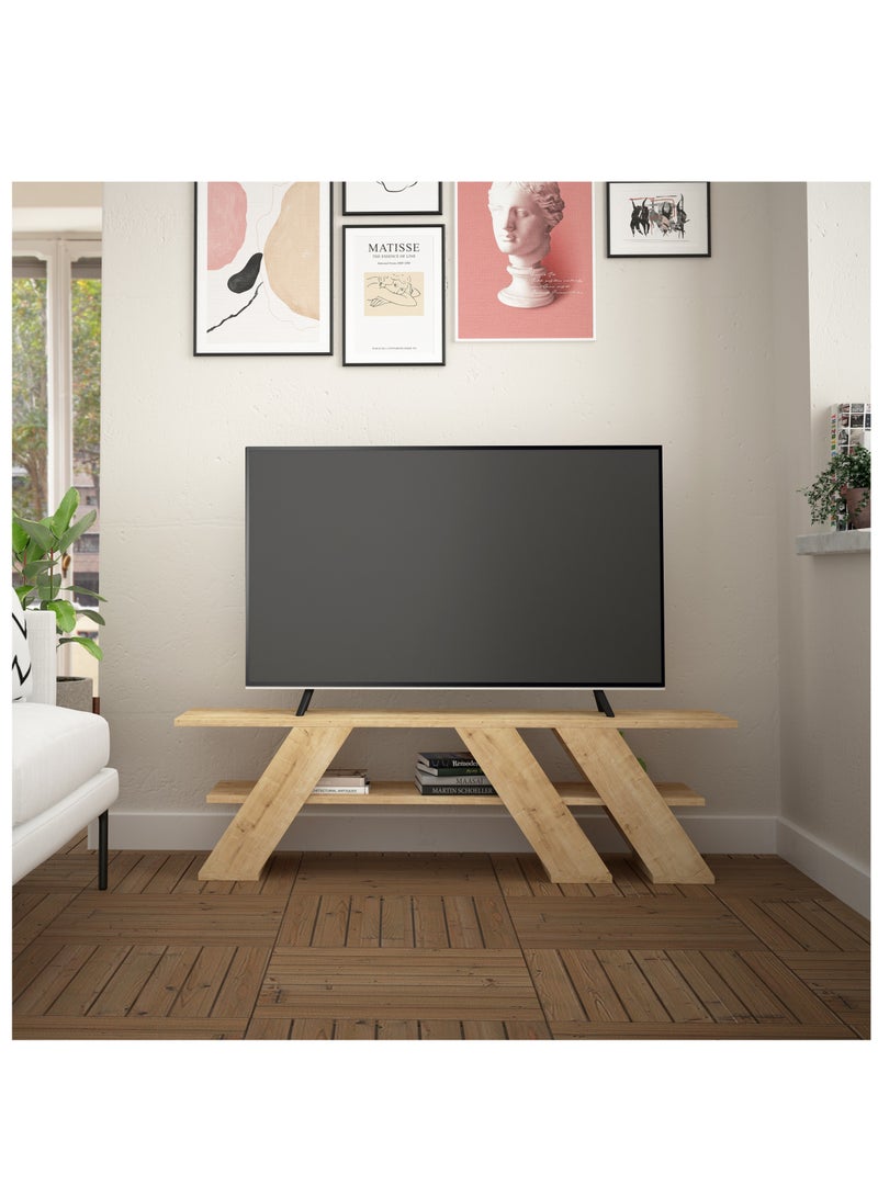 موراه حامل تلفزيون عصري من موراه هوم فيلا، مناسب لأجهزة التلفزيون حتى ٥٥ بوصة | وحدات تلفزيون عصرية لغرفة المعيشة | خزانة تخزين خشبية برفوف من طبقتين | ١٤٠×٣٤×٤٠ سم | خشب بلوط - Image 1