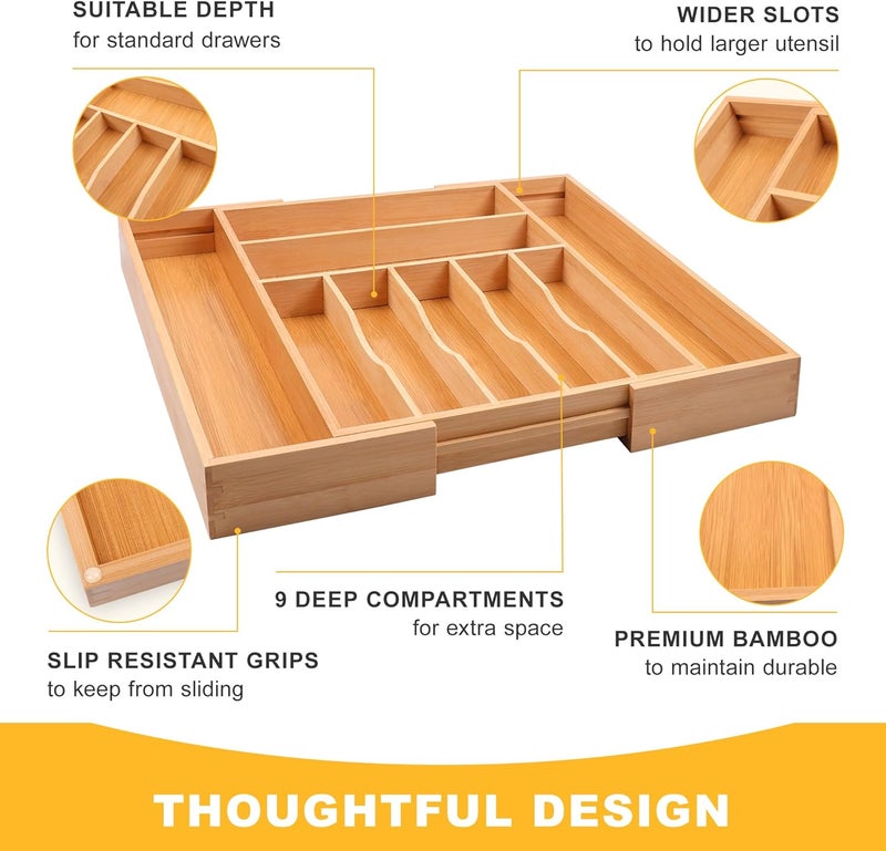 oridom Large Premium Bamboo Silverware Organizer - Expandable Drawer Organizer & Utensil Organizer - 17"x19.7" Cutlery Tray with Dividers for Kitchen Utensils and Flatware (7-9 Slots) (Natural) - Image 5