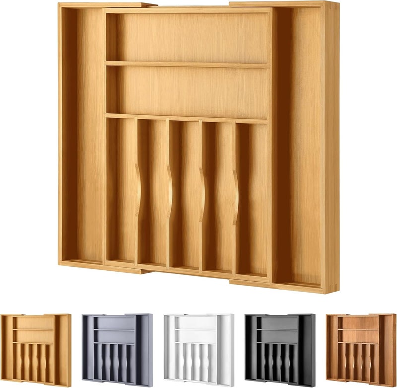 oridom Large Premium Bamboo Silverware Organizer - Expandable Drawer Organizer & Utensil Organizer - 17"x19.7" Cutlery Tray with Dividers for Kitchen Utensils and Flatware (7-9 Slots) (Natural) - Image 1