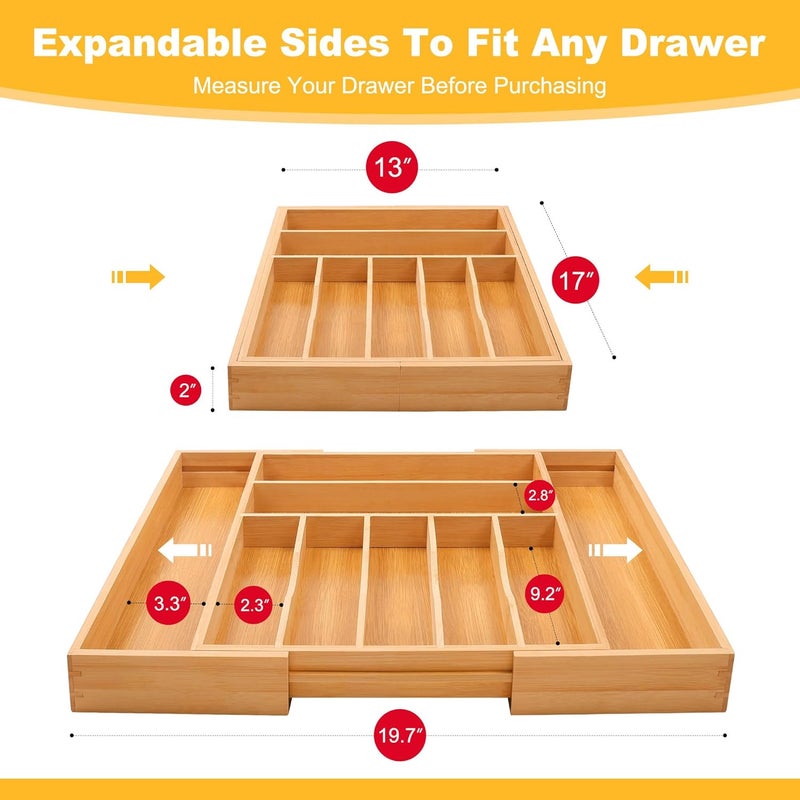 oridom Large Premium Bamboo Silverware Organizer - Expandable Drawer Organizer & Utensil Organizer - 17"x19.7" Cutlery Tray with Dividers for Kitchen Utensils and Flatware (7-9 Slots) (Natural) - Image 2