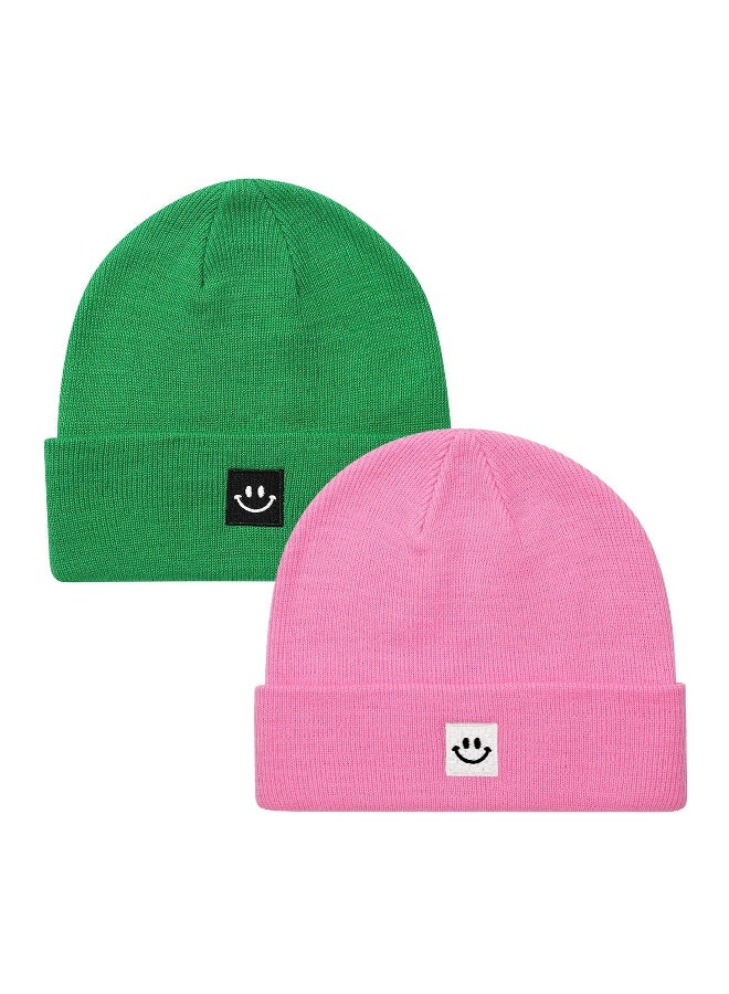 Smile Face Winter Beanie Hats for Men and Women Stretchy Warm Thick Soft Cap Slouchy Knit Hats (Green+Pink)  - Image 2