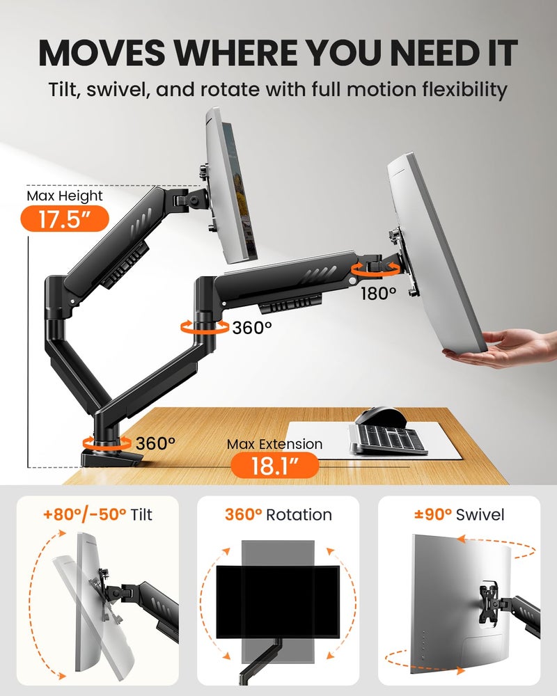 ErGear Dual Monitor Arm, Full Adjustable Monitor Mount for 13â€“32â€³ Screens, Fast Install Computer Monitor Stand with Tool-Free VESA Mount, Max Load 19.8 lbs, Max VESA 100x100mm - Image 4