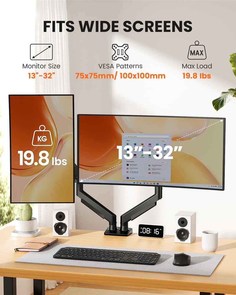 ErGear Dual Monitor Arm, Full Adjustable Monitor Mount for 13â€“32â€³ Screens, Fast Install Computer Monitor Stand with Tool-Free VESA Mount, Max Load 19.8 lbs, Max VESA 100x100mm - Image 2
