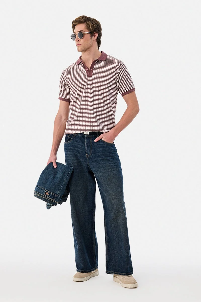 SNITCH Burgundy Geometric Half Sleeve Slim Fit T-Shirt