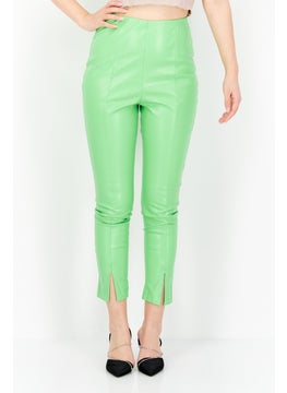 Women Solid Faux Leather Pants, Lime Green