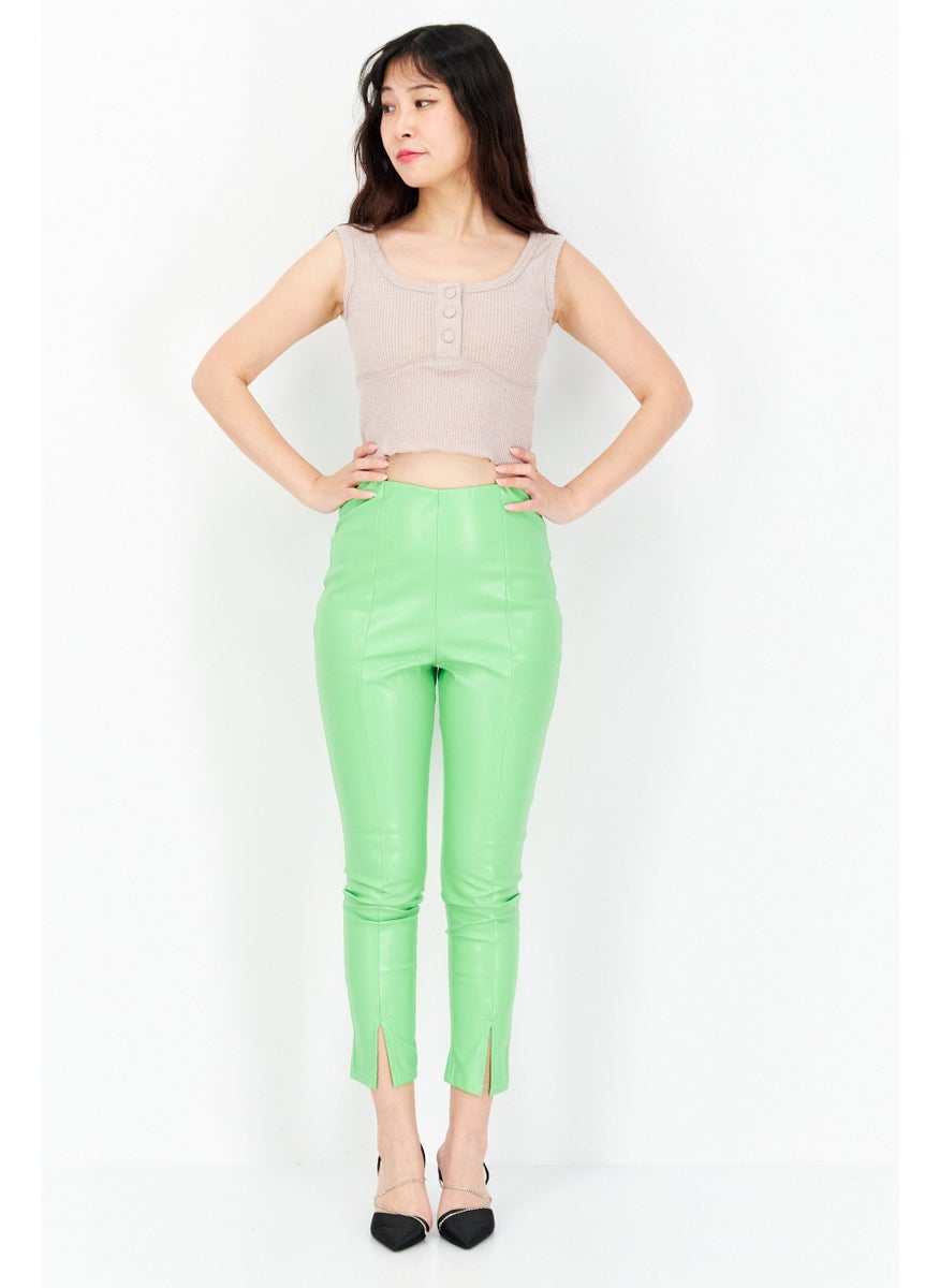 I SAW IT FIRST - Women Solid Faux Leather Pants, Lime Green - Image 1
