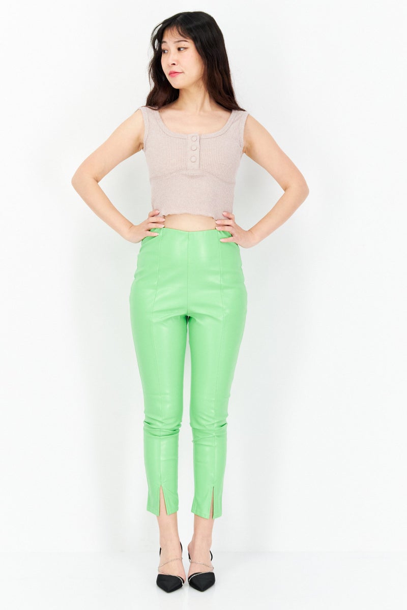 I SAW IT FIRST Women Solid Faux Leather Pants, Lime Green - Image 4