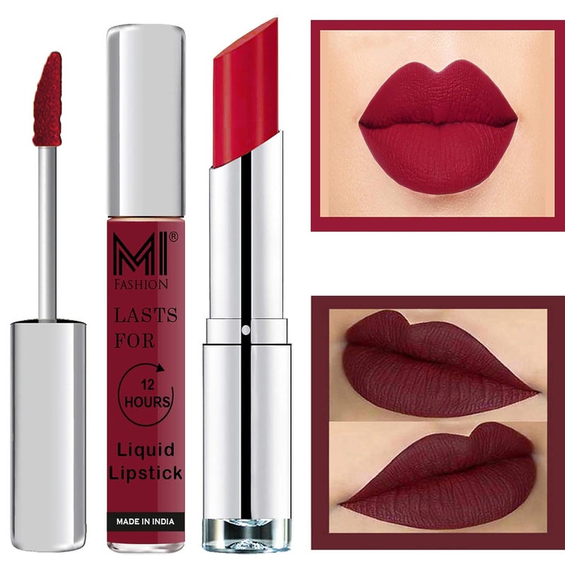 MI Fashion Made in India Lipstick Combo Offers 100 Veg Long Lasting Red Liquid Matte Lipstick Red Bomber Creamy Matte Lipstick - Image 1