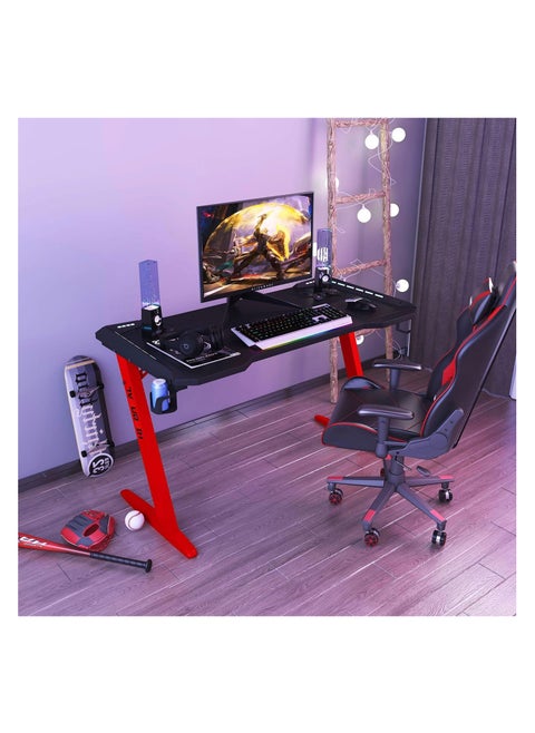 Illuminated gaming table for professionals in various sizes, 120 cm with carbon fiber surface, gaming table with headphone hook and cup holder (black - red 120 cm)