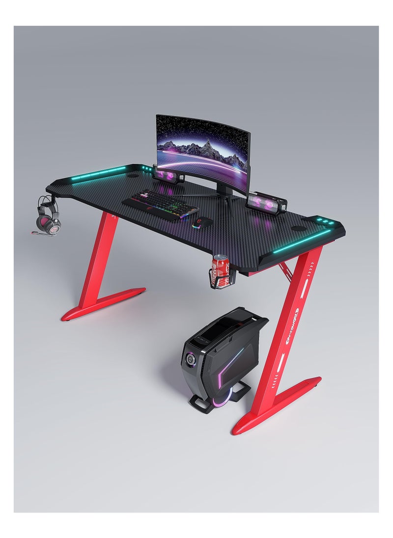 1st - Illuminated gaming table for professionals in various sizes, 120 cm with carbon fiber surface, gaming table with headphone hook and cup holder (black - red 120 cm) - Image 1