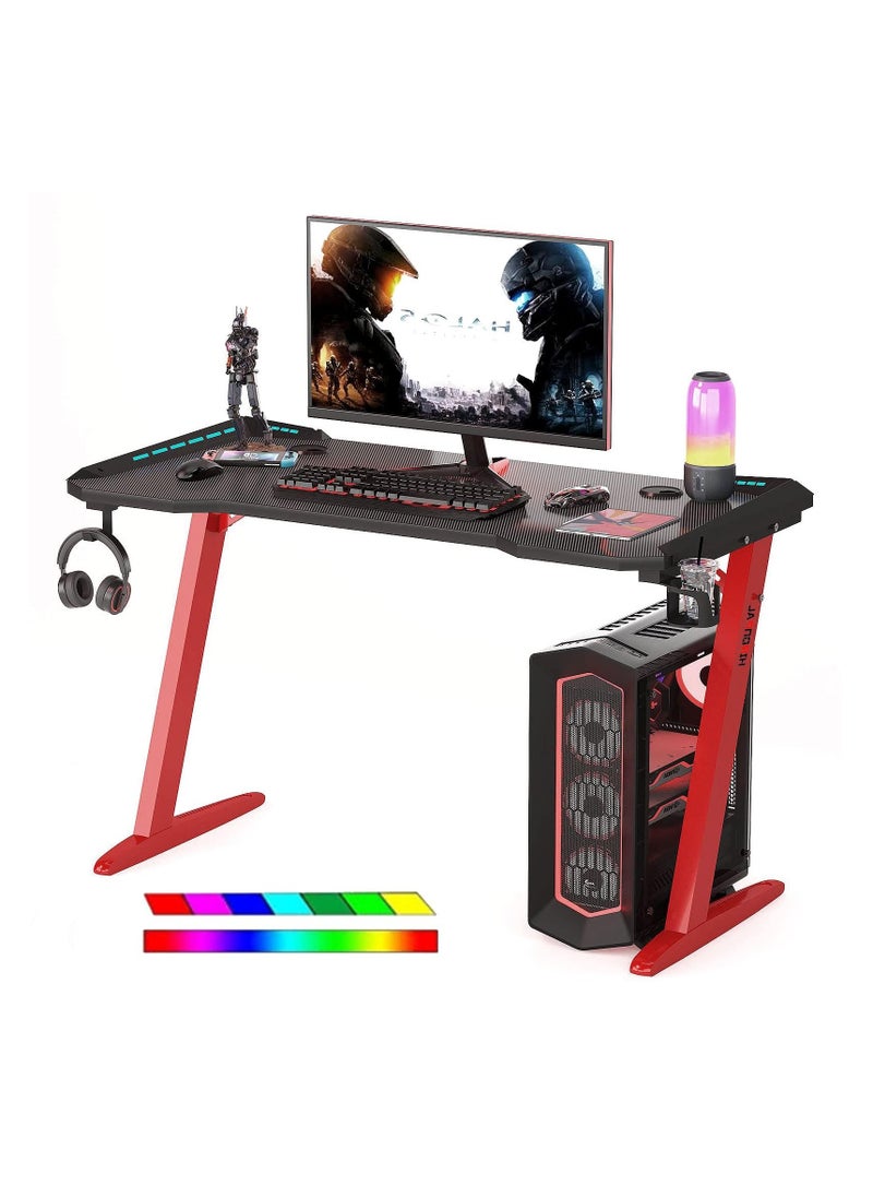 1st - Illuminated gaming table for professionals in various sizes, 120 cm with carbon fiber surface, gaming table with headphone hook and cup holder (black - red 120 cm) - Image 1
