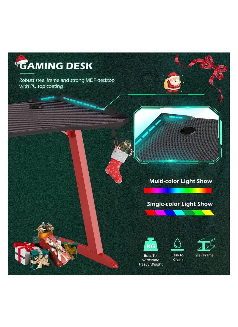 1st - Illuminated gaming table for professionals in various sizes, 120 cm with carbon fiber surface, gaming table with headphone hook and cup holder (black - red 120 cm) - Image 1