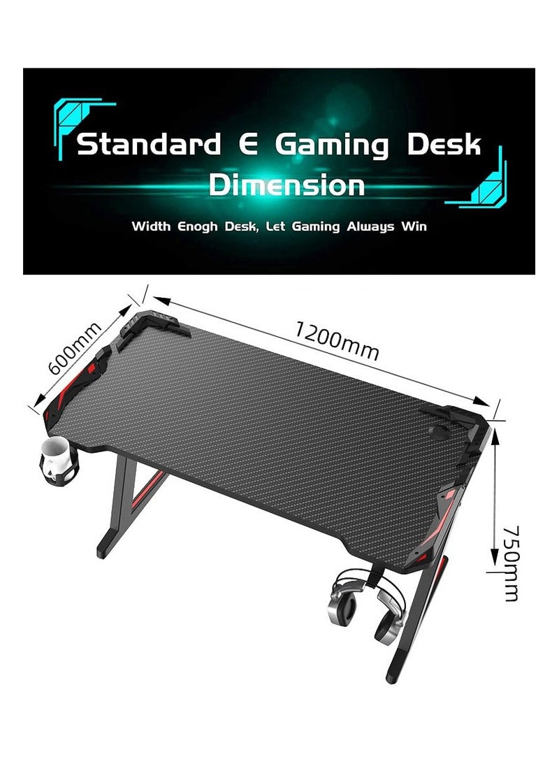 1st - Illuminated gaming table for professionals in various sizes, 120 cm with carbon fiber surface, gaming table with headphone hook and cup holder (black - red 120 cm) - Image 1