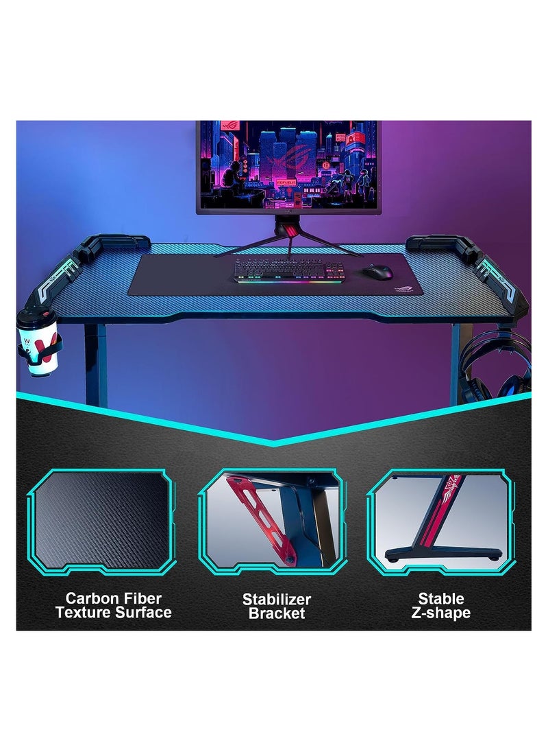 1st - Illuminated gaming table for professionals in various sizes, 120 cm with carbon fiber surface, gaming table with headphone hook and cup holder (black - red 120 cm) - Image 1
