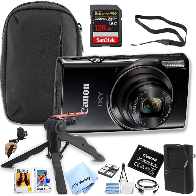 Canon PowerShot IXY 650 (ELPH 360) HS Digital Camera + 128GB Extreme PRO Memory + Case, Grip, Software Pack (Essential Bundle) (Renewed), Black - Image 1