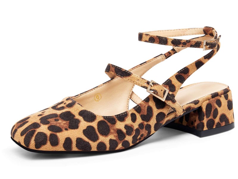Coutgo Womens Mary Jane Chunky Low Heels Closed Square Toe Ankle Strap Pumps Wedding Party Dress Shoes, Leopard, Size 8 - Image 1