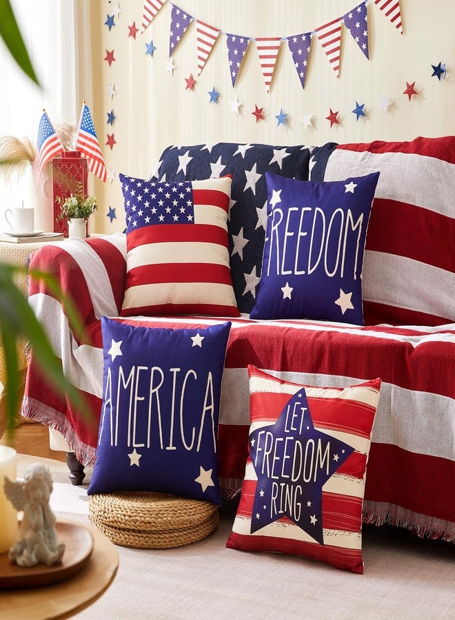 YOSICHY 4th of July Pillow Covers 18x18 Inch,Set of 4 Patriotic Red White Blue Summer Outdoor Throw Pillow Covers,Independence Memorial Day USA Flag Linen Fourth of July Cushion Case for Sofa Couch Decor - Image 5