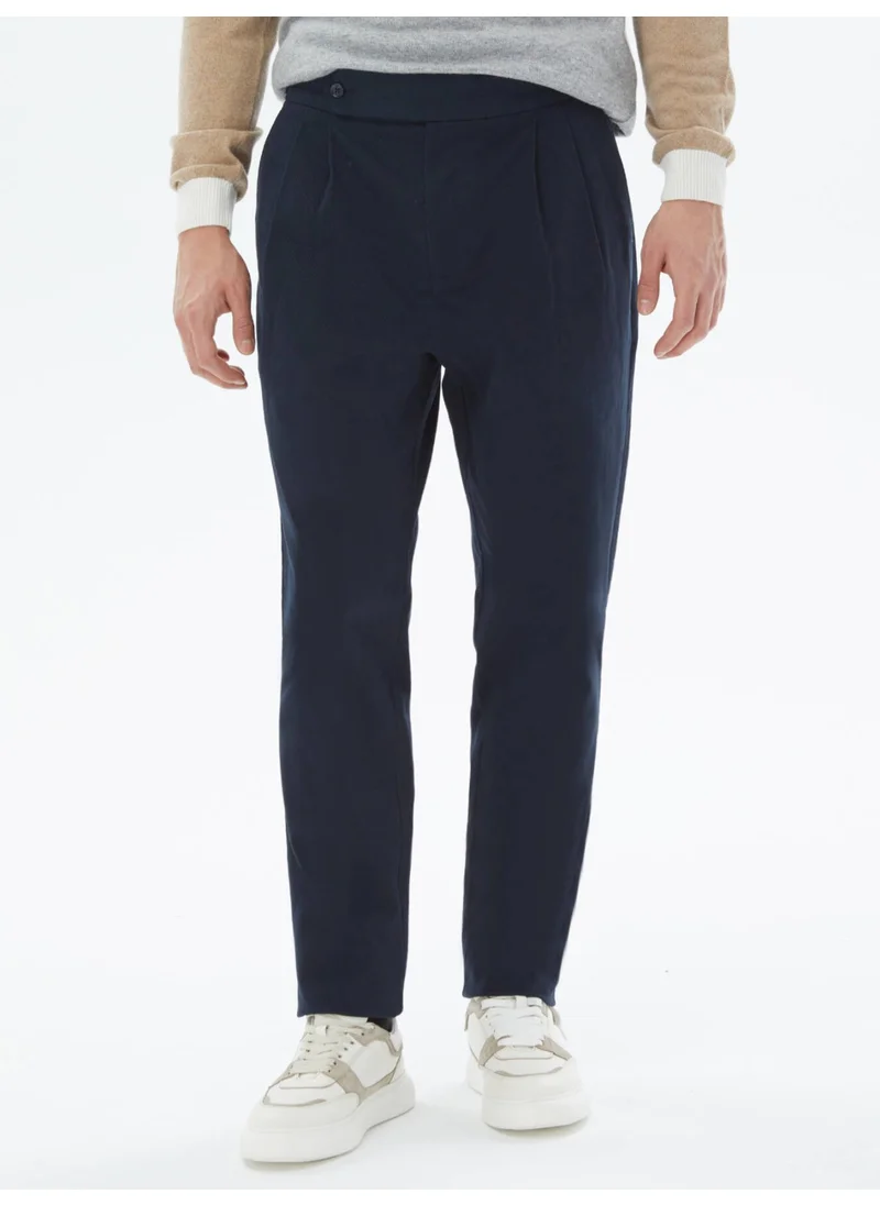 Kip Navy Blue Woven Carrot Fit Casual Cotton Blend Trousers